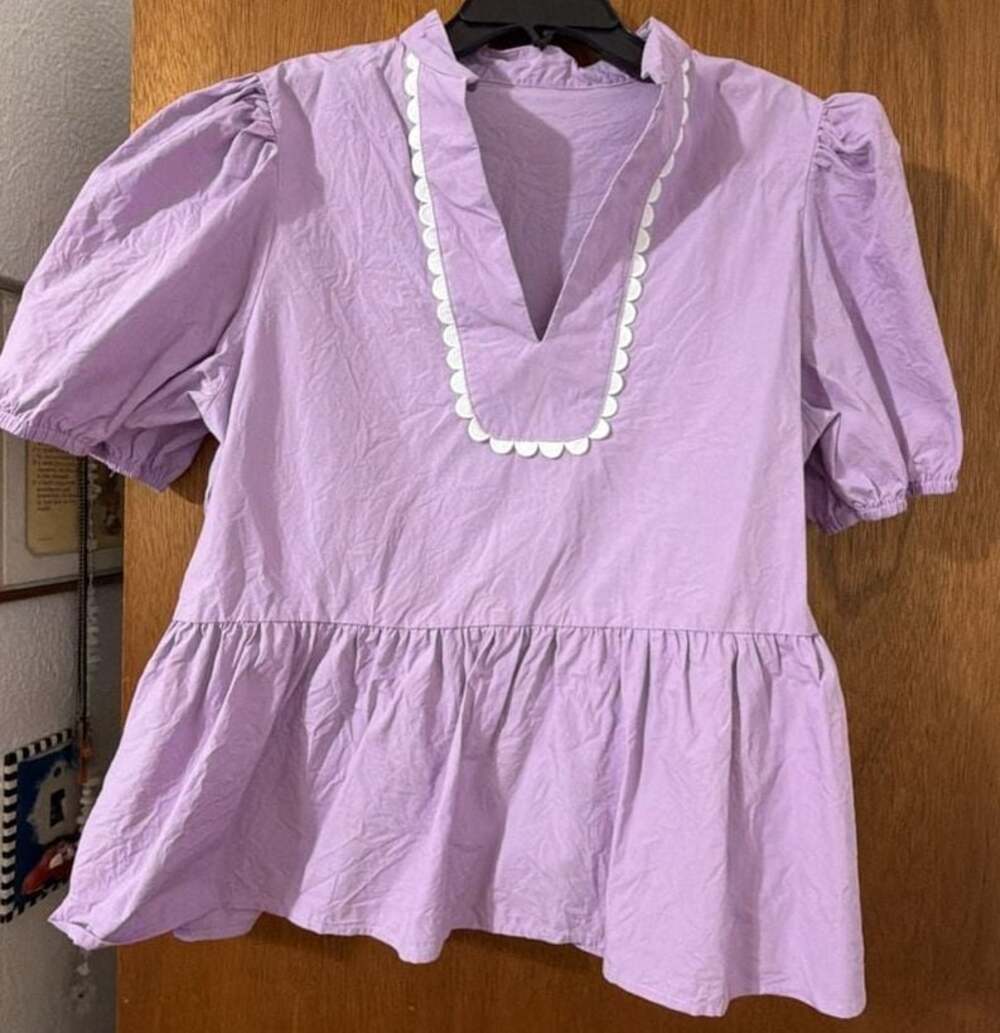 Cicy Bell Women Puff Sleeve Peplum Blouse Ruffle Vneck